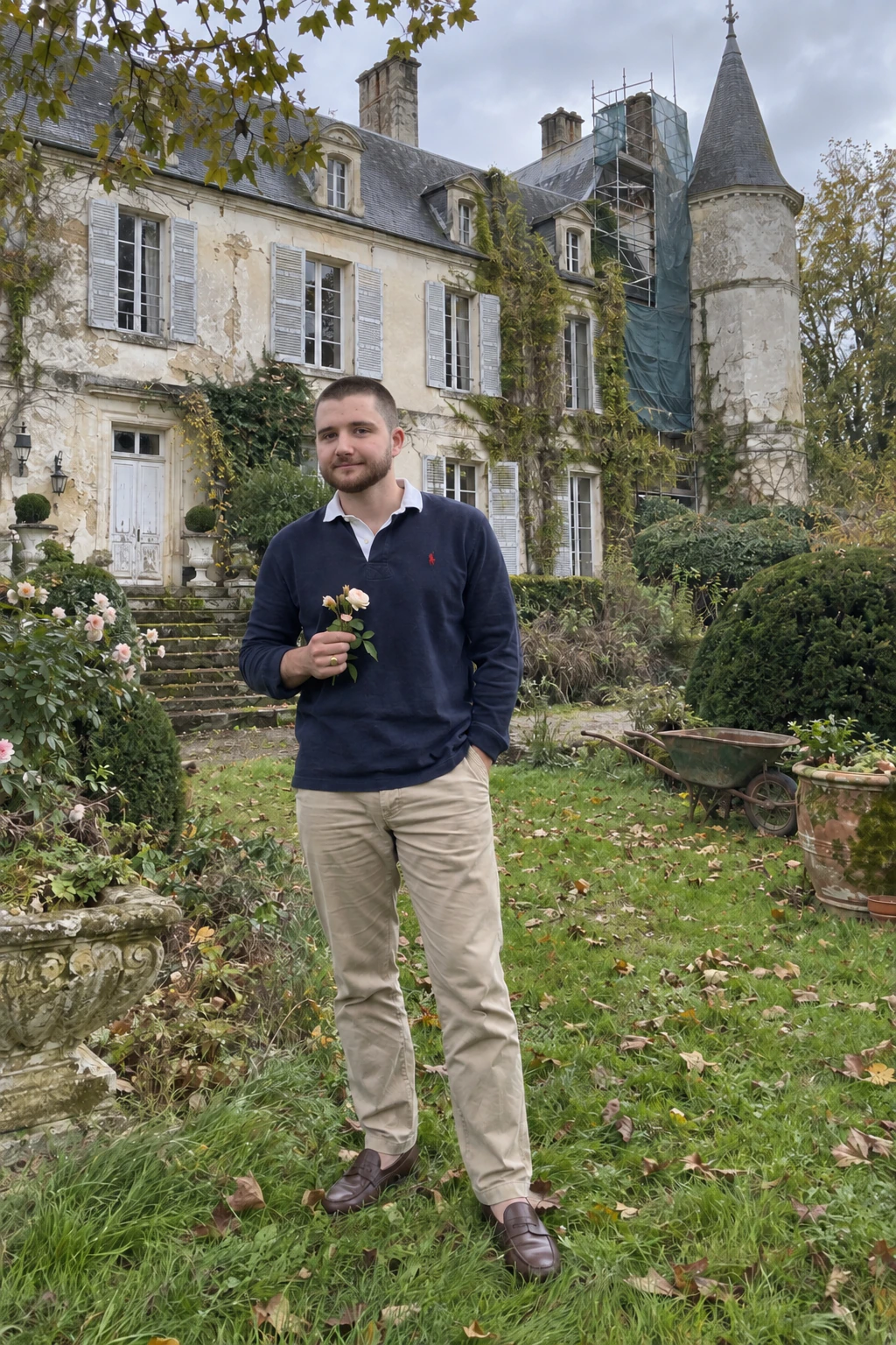 Lennard wird als sehr junger erwachsener Erbe eines alten, erfundenen Adelshauses in einem privaten Gartenfoto vor dem leicht heruntergekommenen Familienschloss gezeigt.