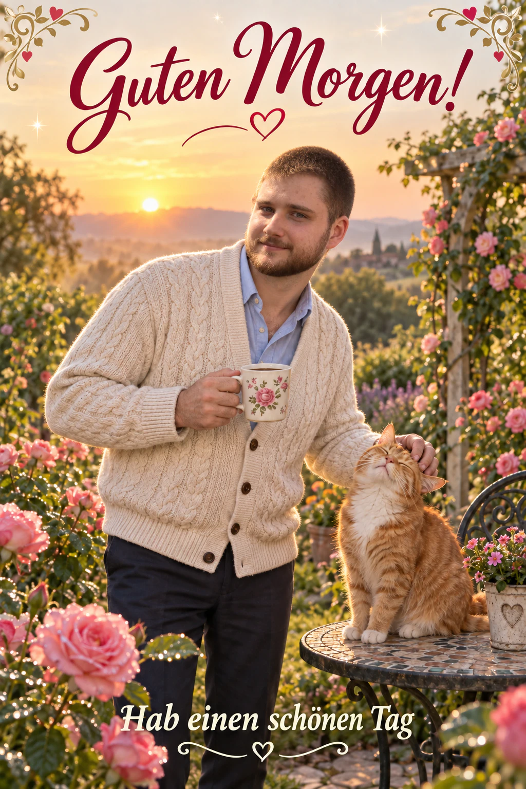 Eine üppige Guten-Morgen-Karte im Tante-Stil: Lennard bringt zwischen Rosen und einem neugierigen Kater eine Kaffeetasse ins Bild.
