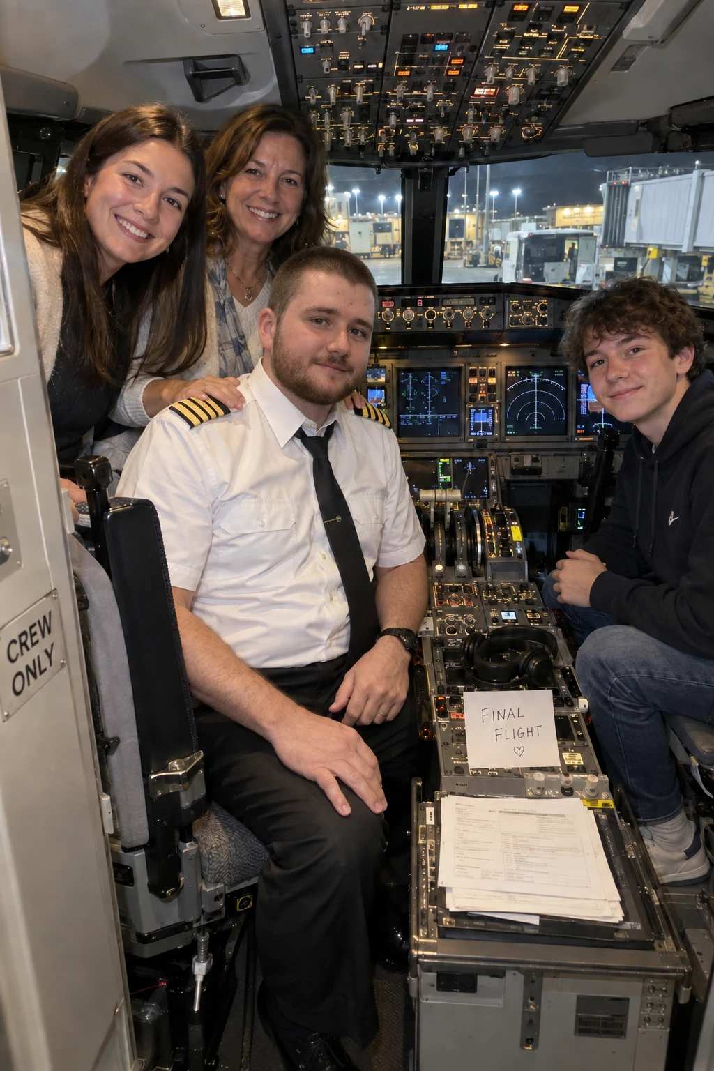 Ein Linienkapitän posiert nach seiner letzten Schicht mit seiner Familie im Cockpit für ein enges Erinnerungsfoto.